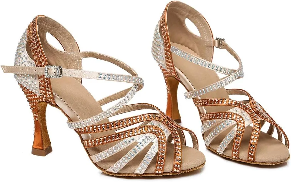 YKXLM Women's Latin Dance Shoes with Rhinestone Peep Toe Ballroom Dance Heels Professional Salsa Tango Practice Performance Dance Shoes,Model YCL450