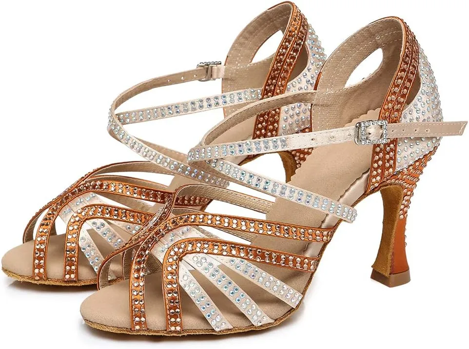 YKXLM Women's Latin Dance Shoes with Rhinestone Peep Toe Ballroom Dance Heels Professional Salsa Tango Practice Performance Dance Shoes,Model YCL450